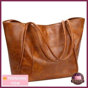 Large Distressed Leather Tote Bag with Zipper Pockets for Work Travel